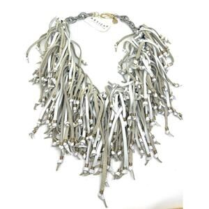 ARTIZAN Joyeria Artesenal by Keren Leather Fringe Boho Bib Necklace Gold Silver
